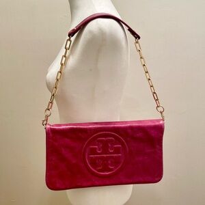 Authentic Tory Burch Red Leather Logo Clutch Shoulder Bag Chain Strap, Limited